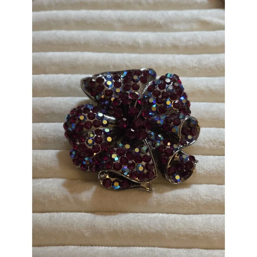 Vintage Signed ROM Red Deco Sparkly Jeweled Rhinestone Flower Brooch Pendant